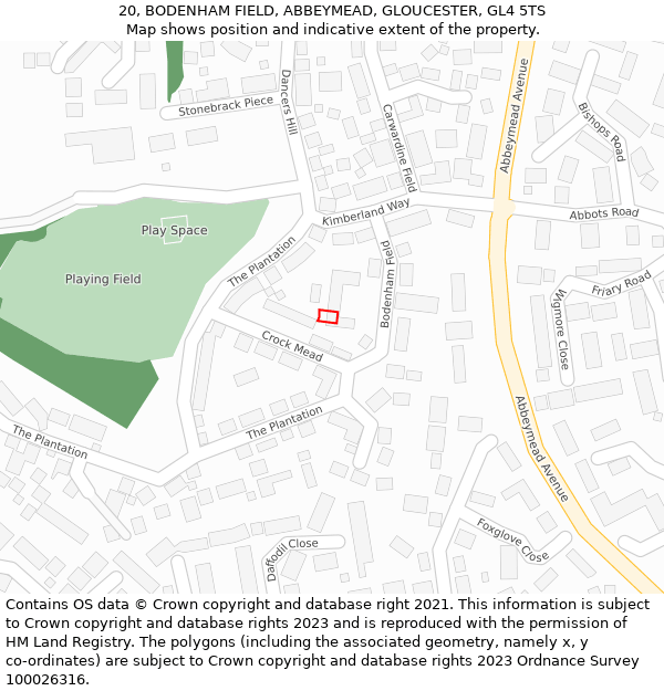 20, BODENHAM FIELD, ABBEYMEAD, GLOUCESTER, GL4 5TS: Location map and indicative extent of plot