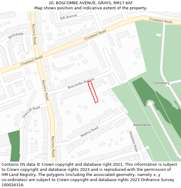 20, BOSCOMBE AVENUE, GRAYS, RM17 6AF: Location map and indicative extent of plot