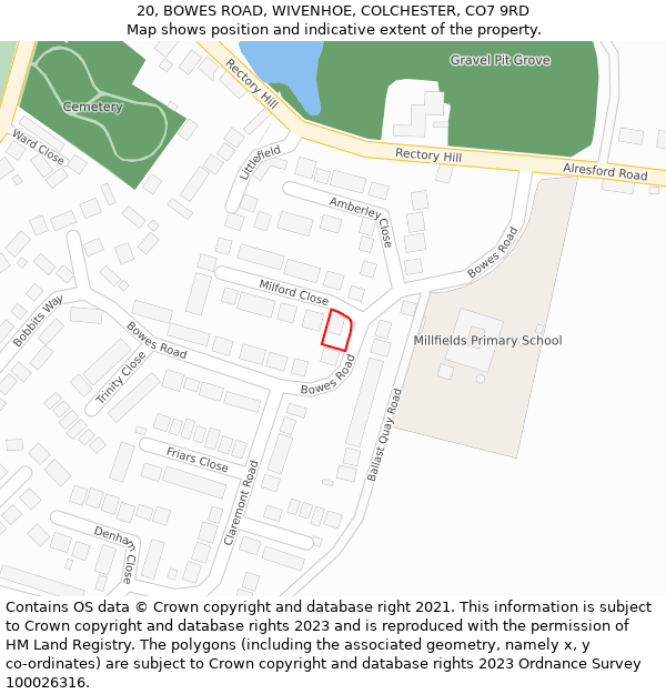 20, BOWES ROAD, WIVENHOE, COLCHESTER, CO7 9RD: Location map and indicative extent of plot