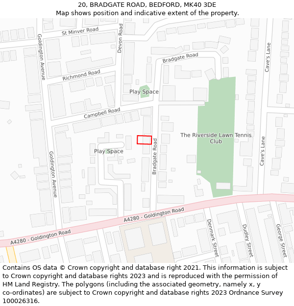 20, BRADGATE ROAD, BEDFORD, MK40 3DE: Location map and indicative extent of plot