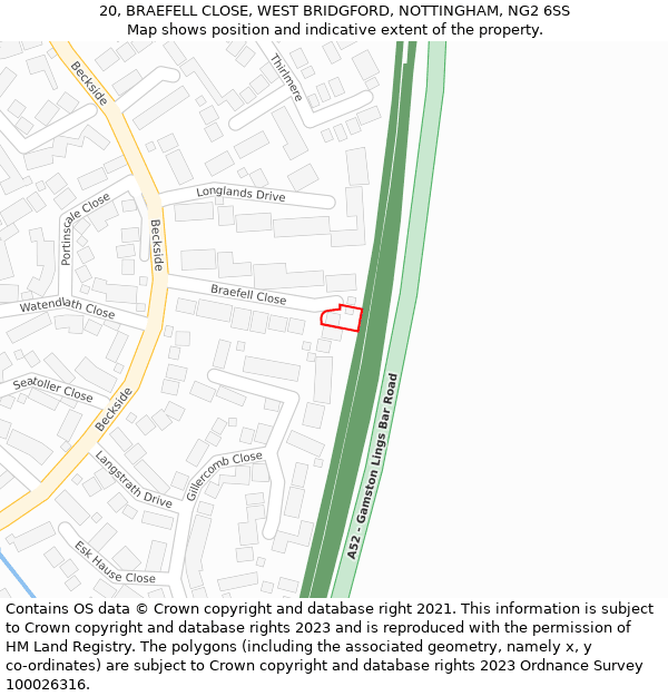 20, BRAEFELL CLOSE, WEST BRIDGFORD, NOTTINGHAM, NG2 6SS: Location map and indicative extent of plot