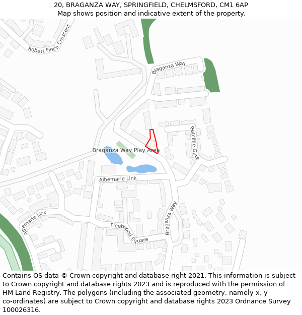 20, BRAGANZA WAY, SPRINGFIELD, CHELMSFORD, CM1 6AP: Location map and indicative extent of plot