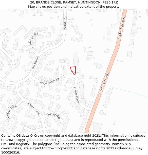 20, BRANDS CLOSE, RAMSEY, HUNTINGDON, PE26 1RZ: Location map and indicative extent of plot