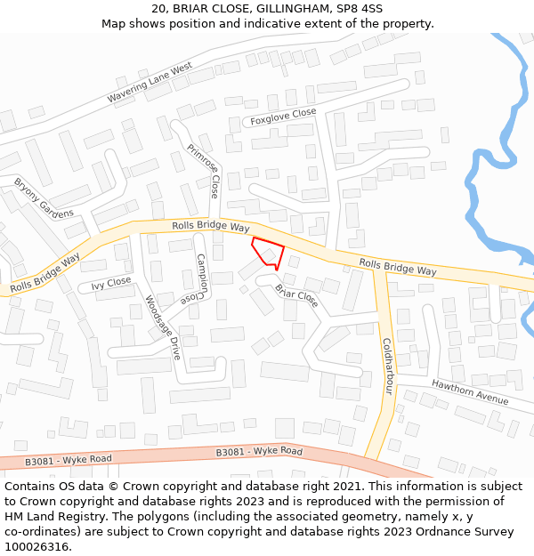 20, BRIAR CLOSE, GILLINGHAM, SP8 4SS: Location map and indicative extent of plot