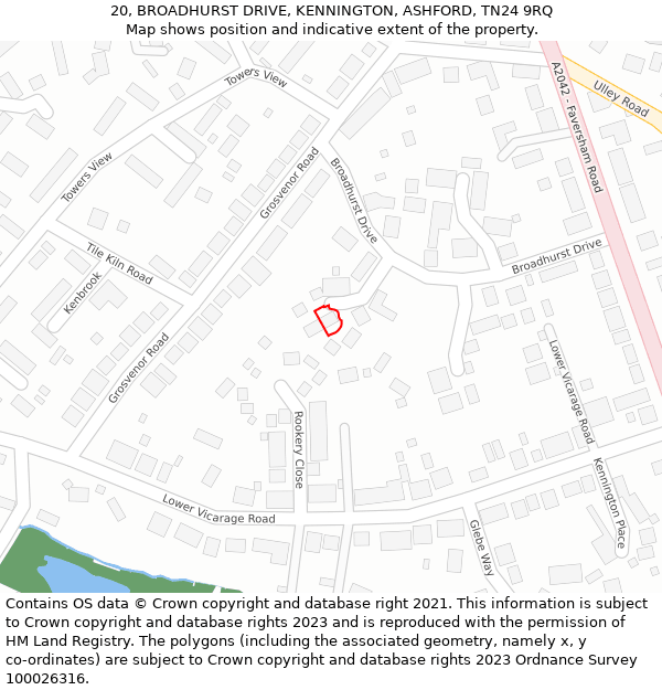 20, BROADHURST DRIVE, KENNINGTON, ASHFORD, TN24 9RQ: Location map and indicative extent of plot