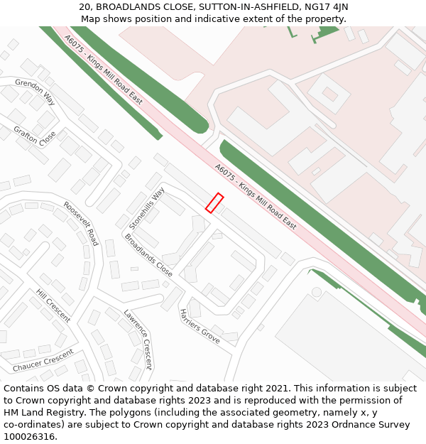 20, BROADLANDS CLOSE, SUTTON-IN-ASHFIELD, NG17 4JN: Location map and indicative extent of plot