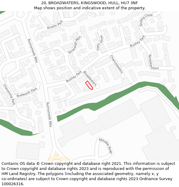 20, BROADWATERS, KINGSWOOD, HULL, HU7 3NF: Location map and indicative extent of plot