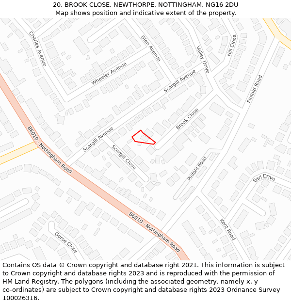 20, BROOK CLOSE, NEWTHORPE, NOTTINGHAM, NG16 2DU: Location map and indicative extent of plot