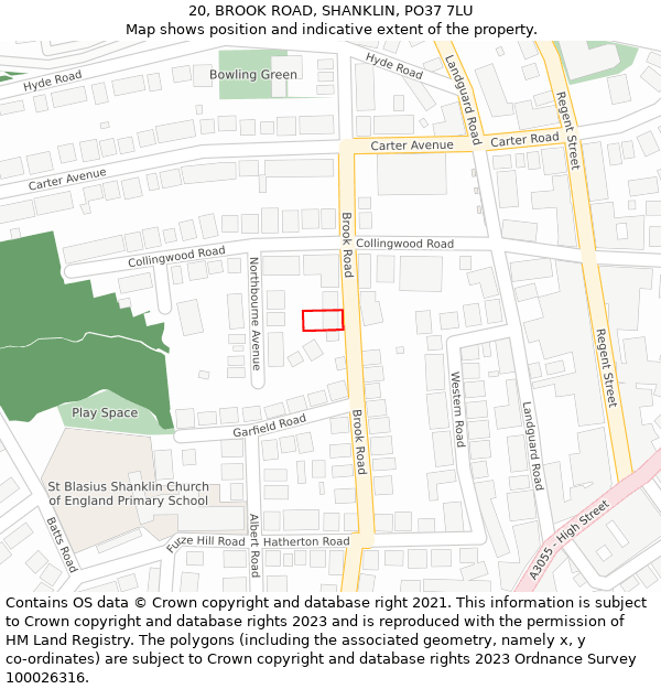 20, BROOK ROAD, SHANKLIN, PO37 7LU: Location map and indicative extent of plot