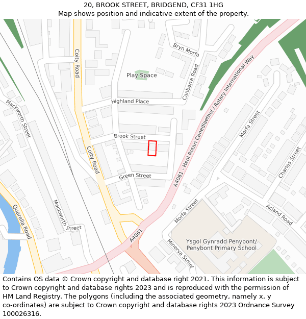 20, BROOK STREET, BRIDGEND, CF31 1HG: Location map and indicative extent of plot