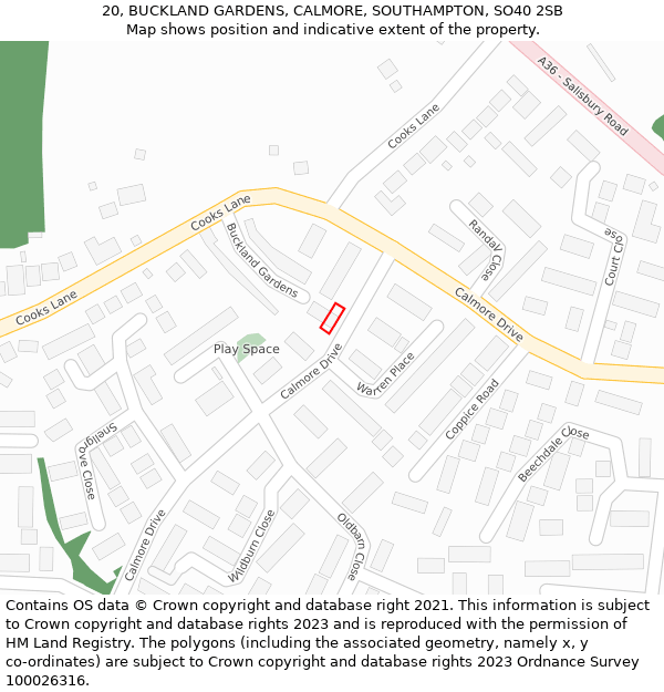 20, BUCKLAND GARDENS, CALMORE, SOUTHAMPTON, SO40 2SB: Location map and indicative extent of plot