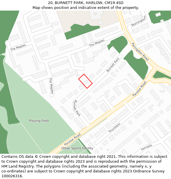 20, BURNETT PARK, HARLOW, CM19 4SD: Location map and indicative extent of plot