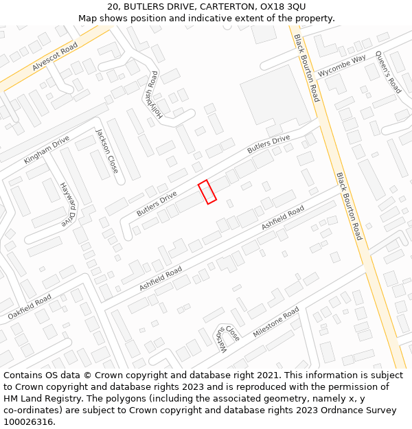 20, BUTLERS DRIVE, CARTERTON, OX18 3QU: Location map and indicative extent of plot