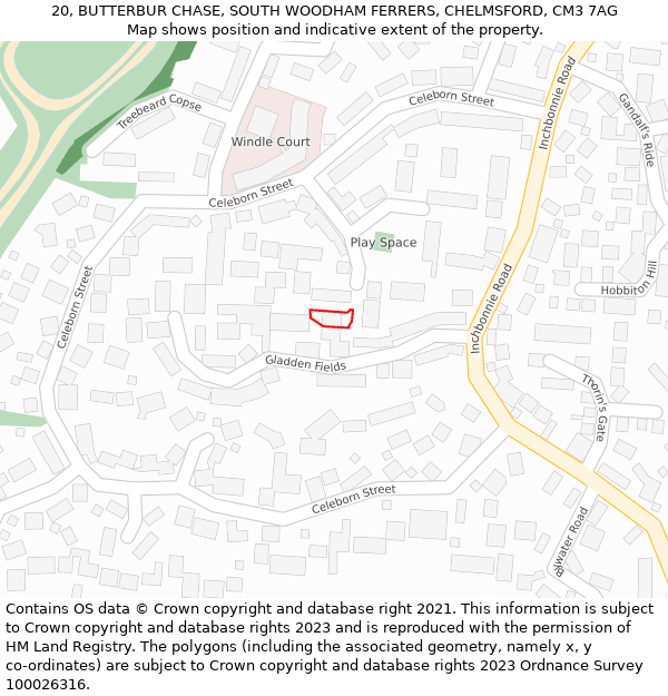 20, BUTTERBUR CHASE, SOUTH WOODHAM FERRERS, CHELMSFORD, CM3 7AG: Location map and indicative extent of plot