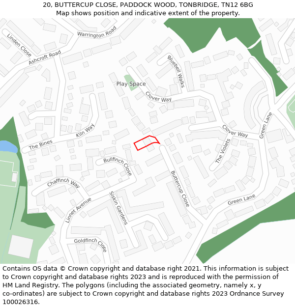 20, BUTTERCUP CLOSE, PADDOCK WOOD, TONBRIDGE, TN12 6BG: Location map and indicative extent of plot