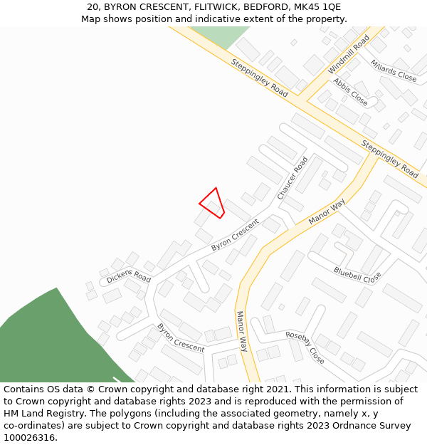 20, BYRON CRESCENT, FLITWICK, BEDFORD, MK45 1QE: Location map and indicative extent of plot