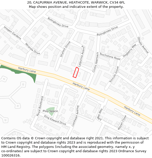 20, CALPURNIA AVENUE, HEATHCOTE, WARWICK, CV34 6FL: Location map and indicative extent of plot