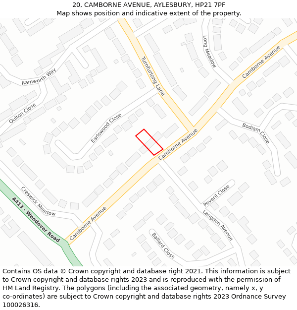 20, CAMBORNE AVENUE, AYLESBURY, HP21 7PF: Location map and indicative extent of plot