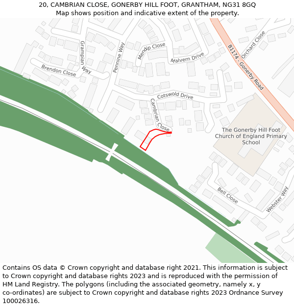 20, CAMBRIAN CLOSE, GONERBY HILL FOOT, GRANTHAM, NG31 8GQ: Location map and indicative extent of plot