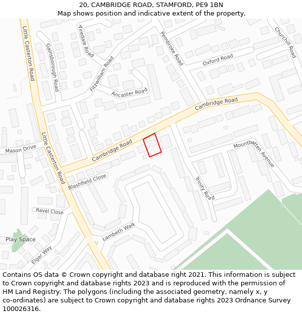 20, CAMBRIDGE ROAD, STAMFORD, PE9 1BN: Location map and indicative extent of plot