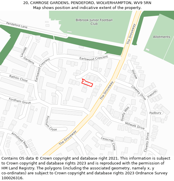 20, CAMROSE GARDENS, PENDEFORD, WOLVERHAMPTON, WV9 5RN: Location map and indicative extent of plot
