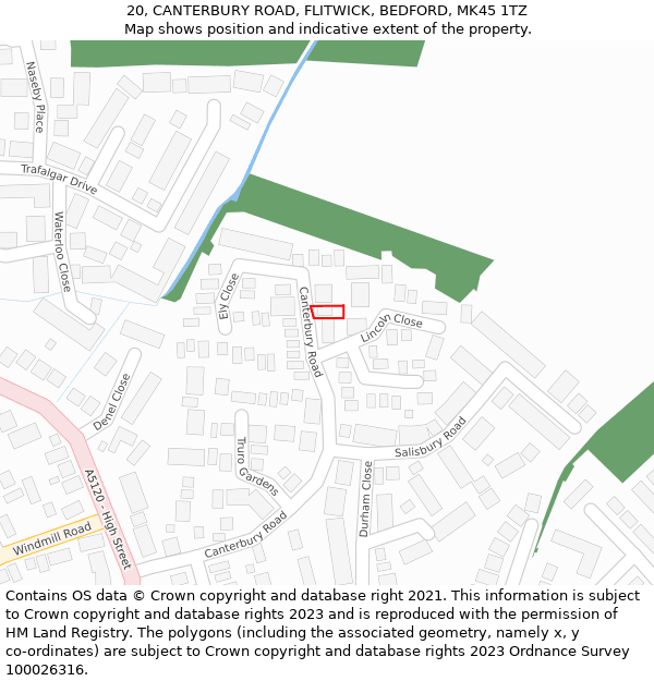 20, CANTERBURY ROAD, FLITWICK, BEDFORD, MK45 1TZ: Location map and indicative extent of plot