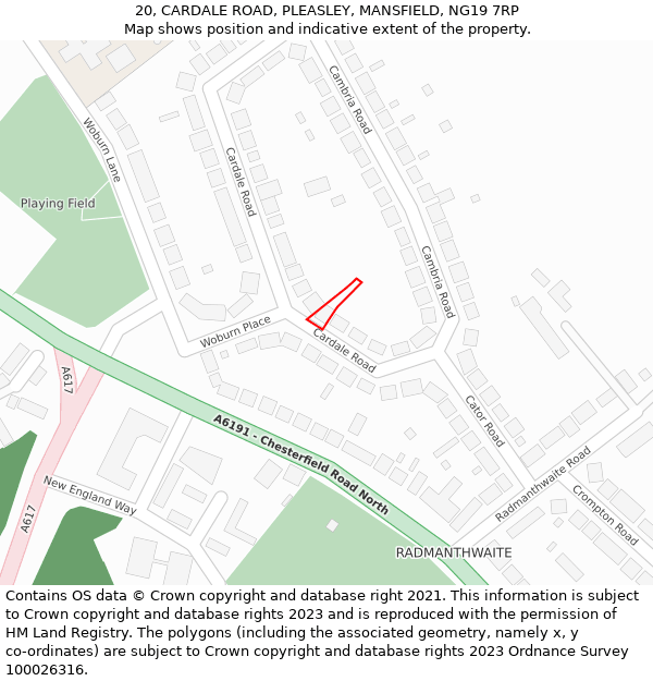 20, CARDALE ROAD, PLEASLEY, MANSFIELD, NG19 7RP: Location map and indicative extent of plot