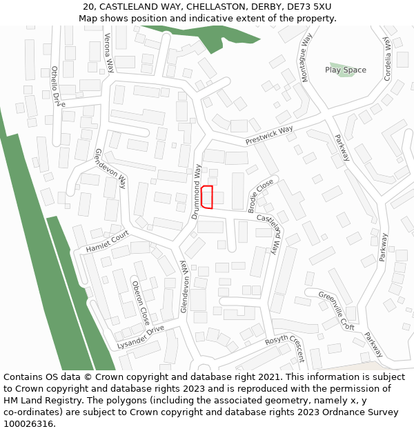 20, CASTLELAND WAY, CHELLASTON, DERBY, DE73 5XU: Location map and indicative extent of plot