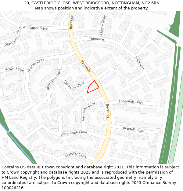20, CASTLERIGG CLOSE, WEST BRIDGFORD, NOTTINGHAM, NG2 6RN: Location map and indicative extent of plot