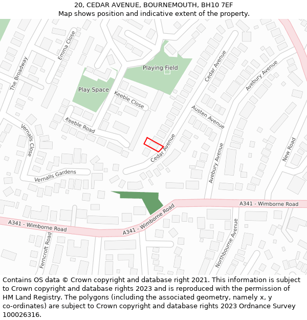 20, CEDAR AVENUE, BOURNEMOUTH, BH10 7EF: Location map and indicative extent of plot