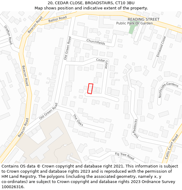 20, CEDAR CLOSE, BROADSTAIRS, CT10 3BU: Location map and indicative extent of plot