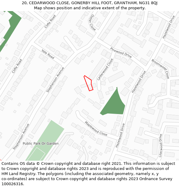 20, CEDARWOOD CLOSE, GONERBY HILL FOOT, GRANTHAM, NG31 8QJ: Location map and indicative extent of plot