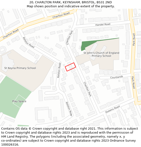 20, CHARLTON PARK, KEYNSHAM, BRISTOL, BS31 2ND: Location map and indicative extent of plot