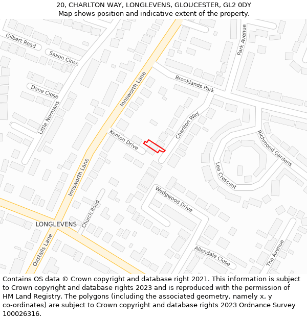 20, CHARLTON WAY, LONGLEVENS, GLOUCESTER, GL2 0DY: Location map and indicative extent of plot