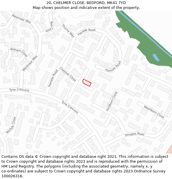 20, CHELMER CLOSE, BEDFORD, MK41 7YD: Location map and indicative extent of plot