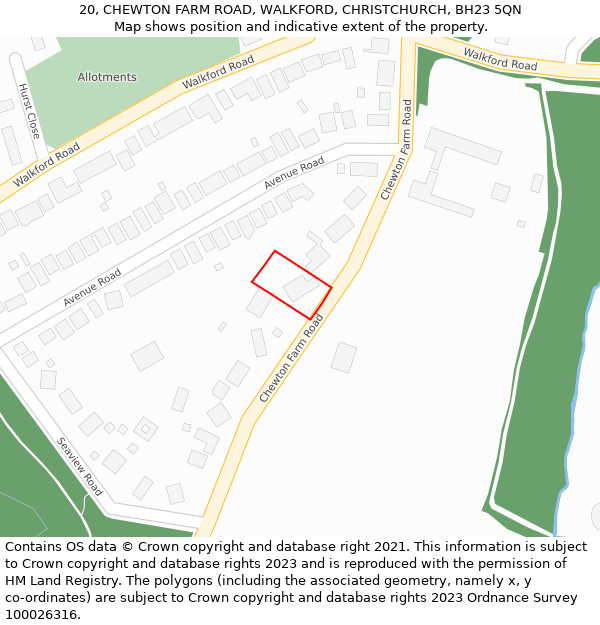 20, CHEWTON FARM ROAD, WALKFORD, CHRISTCHURCH, BH23 5QN: Location map and indicative extent of plot