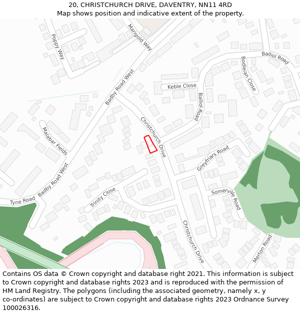 20, CHRISTCHURCH DRIVE, DAVENTRY, NN11 4RD: Location map and indicative extent of plot