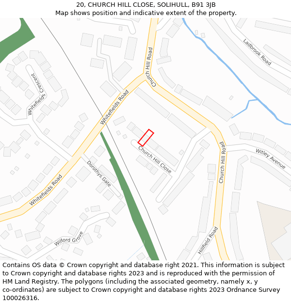 20, CHURCH HILL CLOSE, SOLIHULL, B91 3JB: Location map and indicative extent of plot