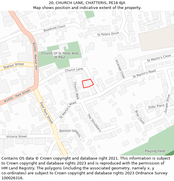 20, CHURCH LANE, CHATTERIS, PE16 6JA: Location map and indicative extent of plot