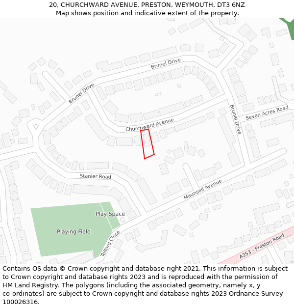 20, CHURCHWARD AVENUE, PRESTON, WEYMOUTH, DT3 6NZ: Location map and indicative extent of plot