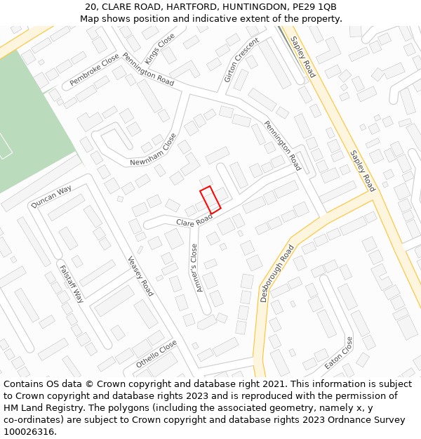 20, CLARE ROAD, HARTFORD, HUNTINGDON, PE29 1QB: Location map and indicative extent of plot