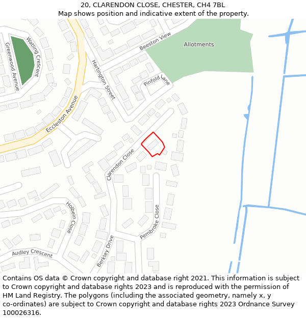 20, CLARENDON CLOSE, CHESTER, CH4 7BL: Location map and indicative extent of plot
