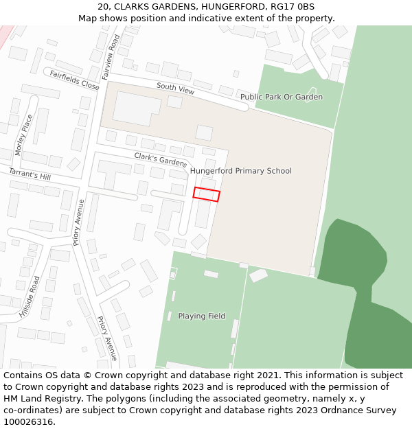 20, CLARKS GARDENS, HUNGERFORD, RG17 0BS: Location map and indicative extent of plot