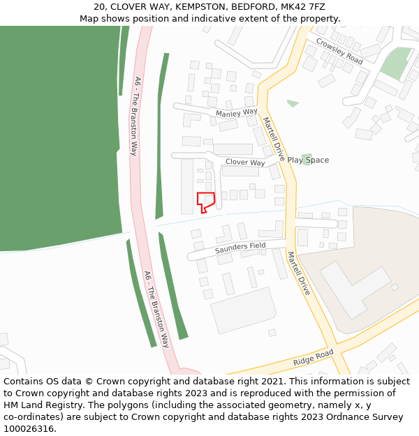 20, CLOVER WAY, KEMPSTON, BEDFORD, MK42 7FZ: Location map and indicative extent of plot