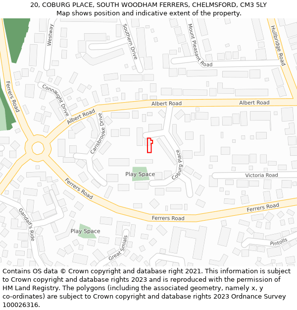 20, COBURG PLACE, SOUTH WOODHAM FERRERS, CHELMSFORD, CM3 5LY: Location map and indicative extent of plot