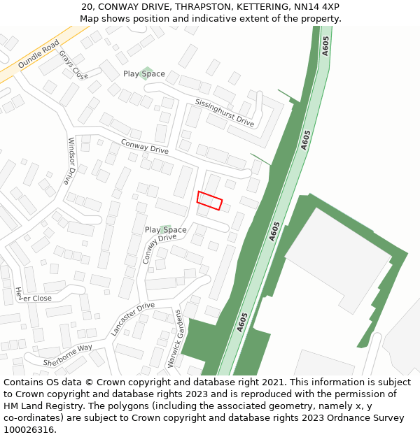 20, CONWAY DRIVE, THRAPSTON, KETTERING, NN14 4XP: Location map and indicative extent of plot