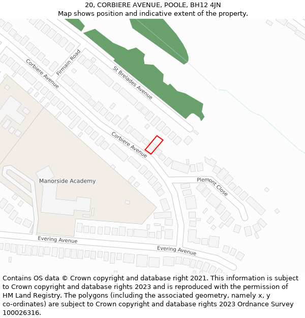 20, CORBIERE AVENUE, POOLE, BH12 4JN: Location map and indicative extent of plot