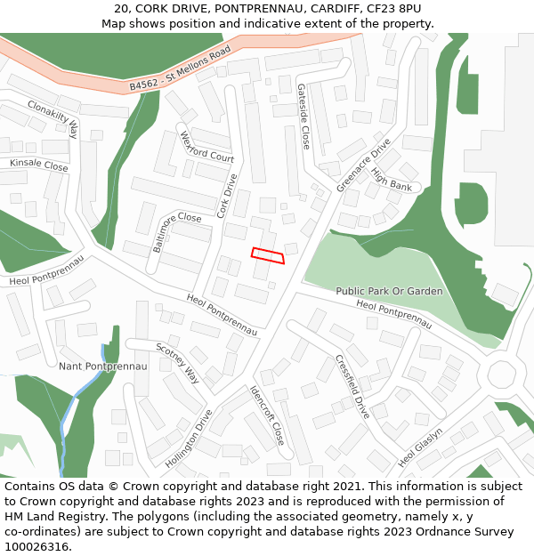 20, CORK DRIVE, PONTPRENNAU, CARDIFF, CF23 8PU: Location map and indicative extent of plot