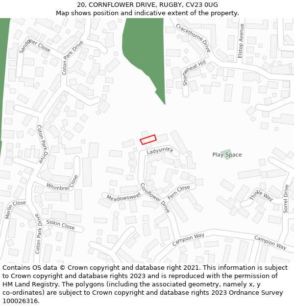 20, CORNFLOWER DRIVE, RUGBY, CV23 0UG: Location map and indicative extent of plot