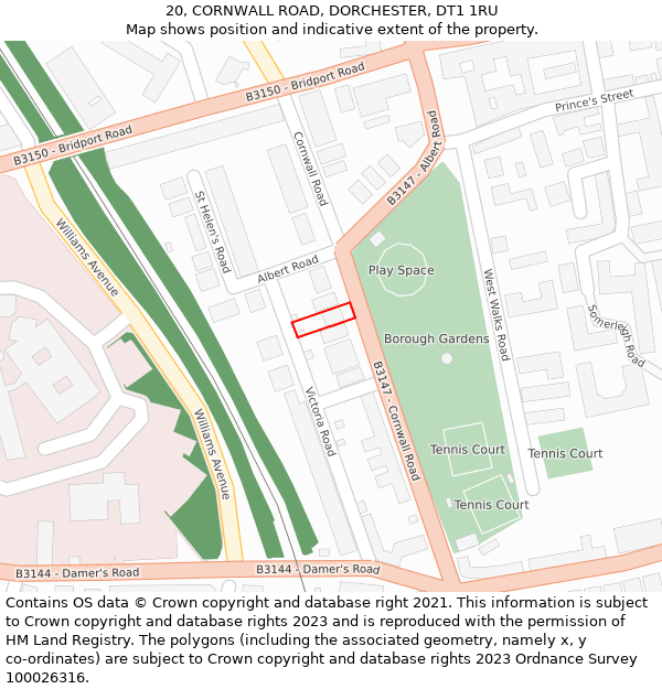20, CORNWALL ROAD, DORCHESTER, DT1 1RU: Location map and indicative extent of plot